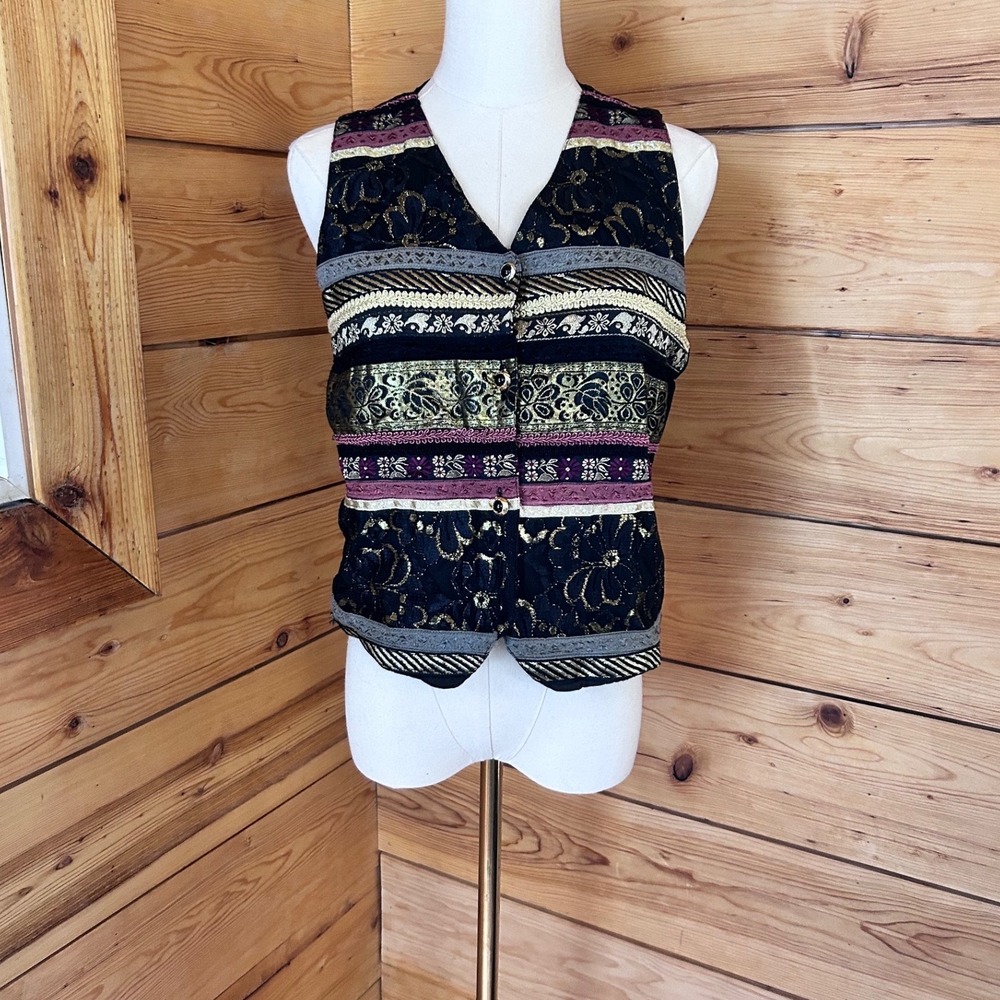 Vintage Vest Womens Medium Black Gold Brocade Tapestry Whimsigoth Waistcoat Boho